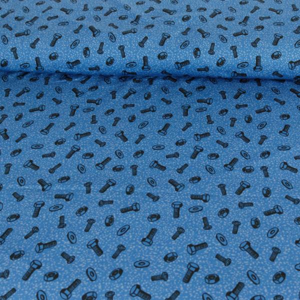 Baumwoll Jersey Happy Metal by Steinbeck Schrauben & Muttern auf Royalblau